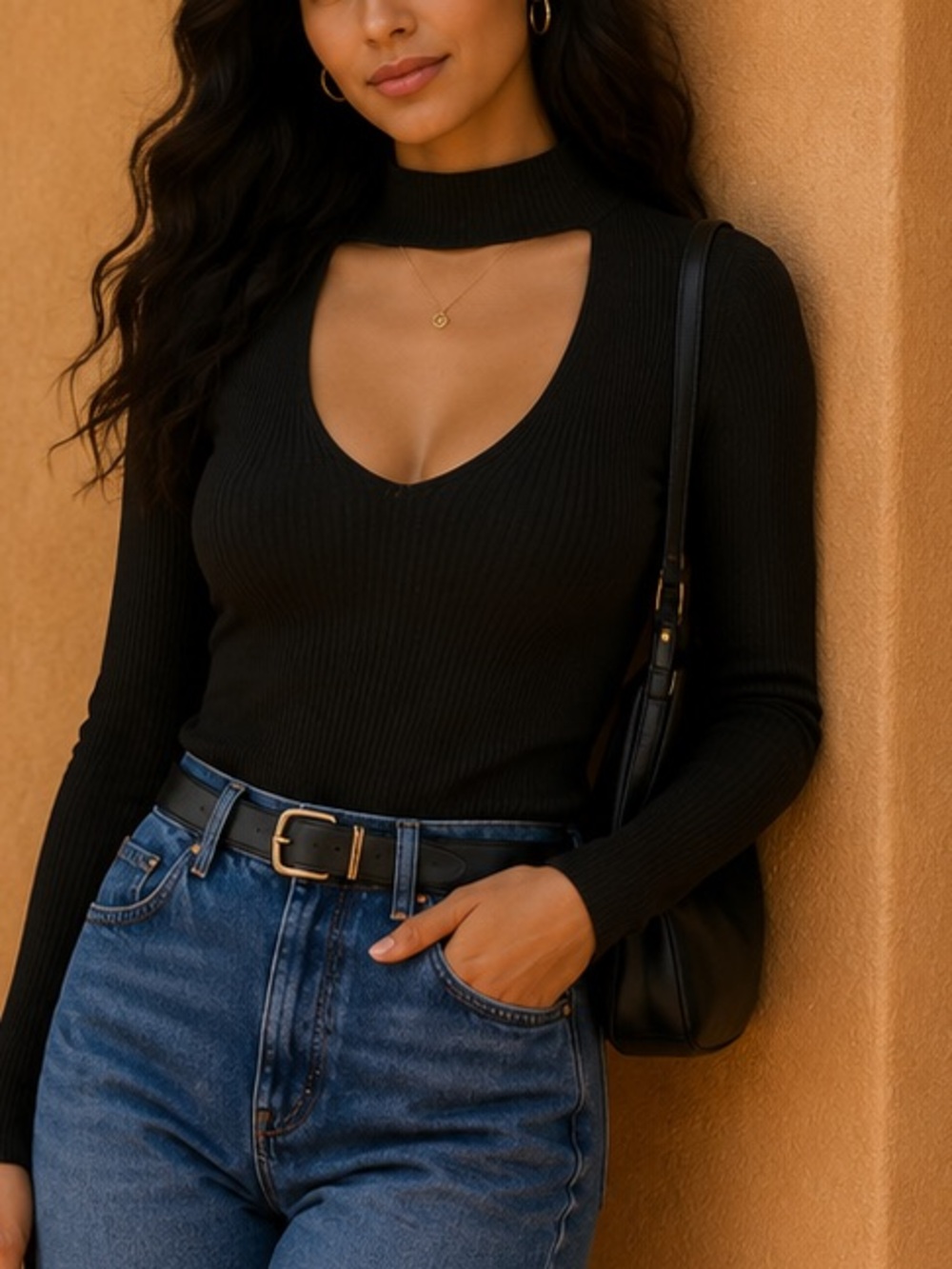 Ambiance Black Ribbed Knit Cutout Mock Neck Top Long Sleeve Size S